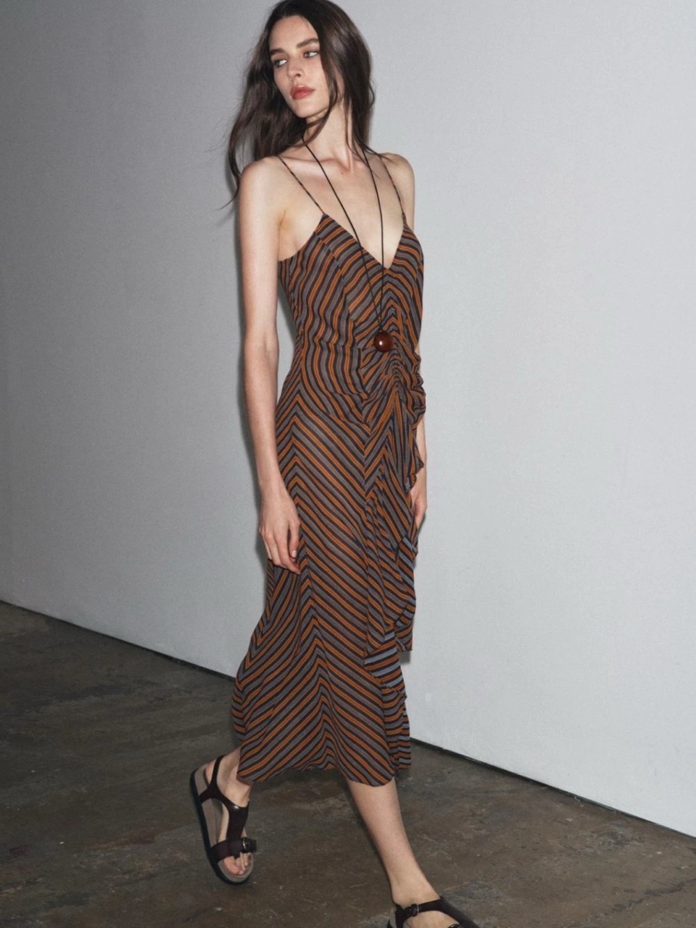 Zara collection Striped V-Neck Midi Slip Dress